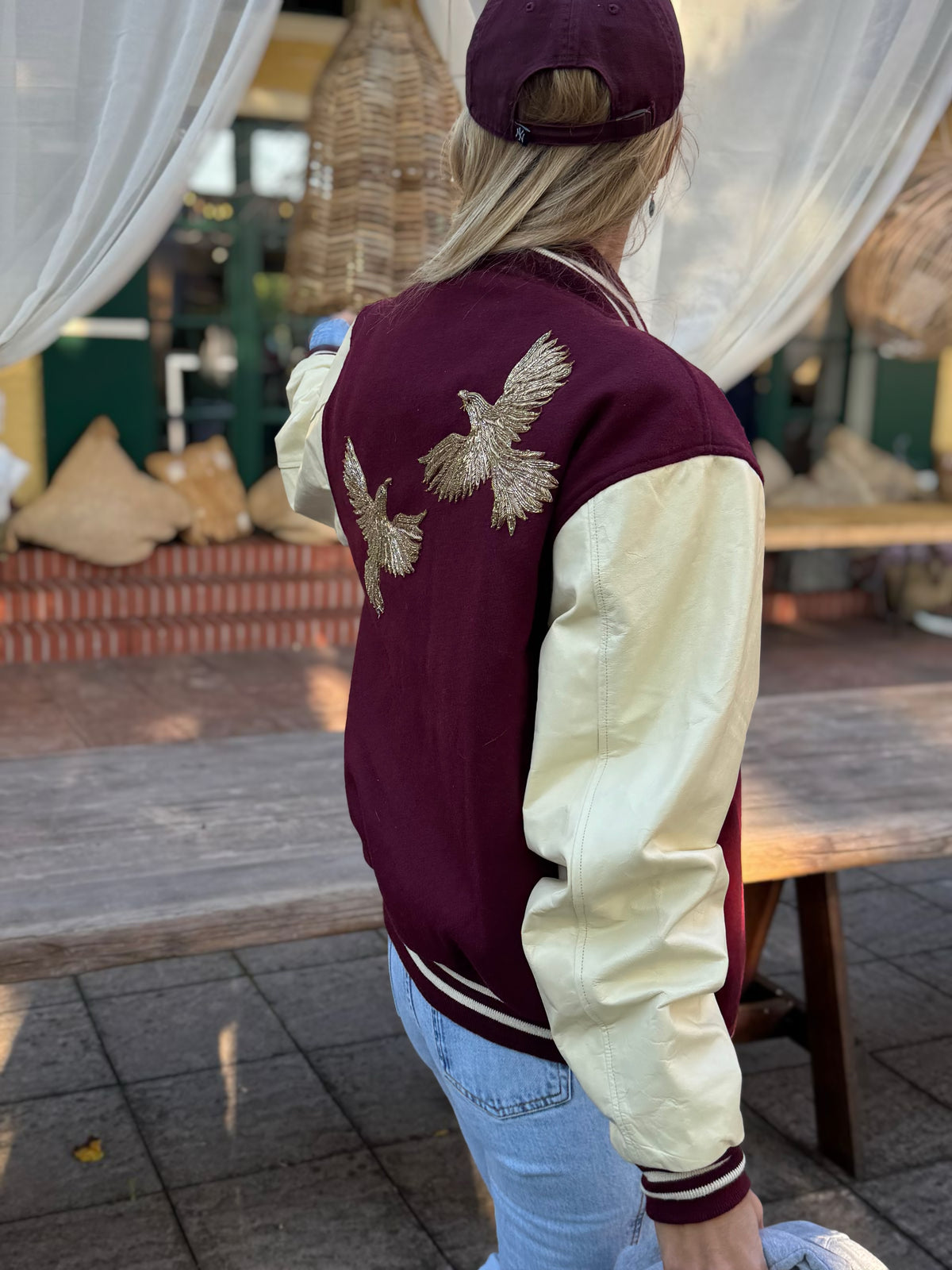Varsity Jacket „Birds“ – Burgundy/Off-White