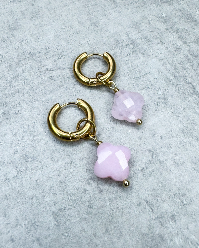 Rosenquarz-Creolen "Kleeblatt" - 1 Paar