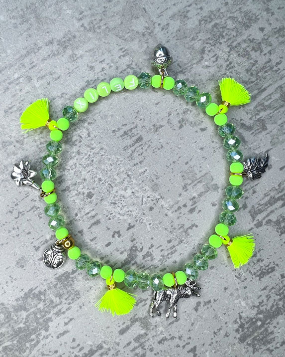 Von Hand gefertigter Schmuck für Dein Haustier. Die Wiesn-Kette besteht aus grüne glitzernden, facettierten Glasperlen, grünen Polymerperlen, grünen Acryl-Buchstabenperlen, neon-gelben Quasten, silberfarbenen Wiesn-Anhängern, sowie einer goldfarbenen Edelstahlkugel.