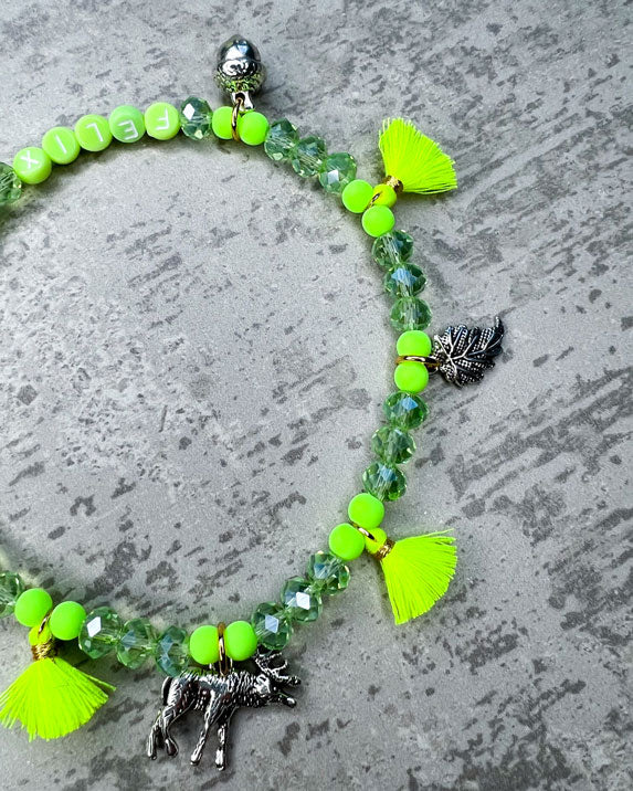 Von Hand gefertigter Schmuck für Dein Haustier. Die Wiesn-Kette besteht aus grüne glitzernden, facettierten Glasperlen, grünen Polymerperlen, grünen Acryl-Buchstabenperlen, neon-gelben Quasten, silberfarbenen Wiesn-Anhängern, sowie einer goldfarbenen Edelstahlkugel.