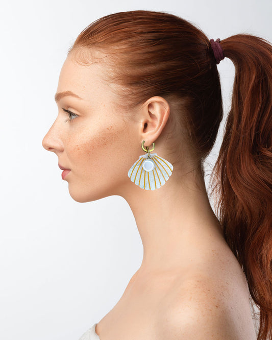 Dieser Ohrring ist gefertigt aus einer goldenen Edelstahl-Creole, einem weiß glitzernden Muschel-Anhänger aus Acryl und einem flach-runden Perlen-Anhänger.