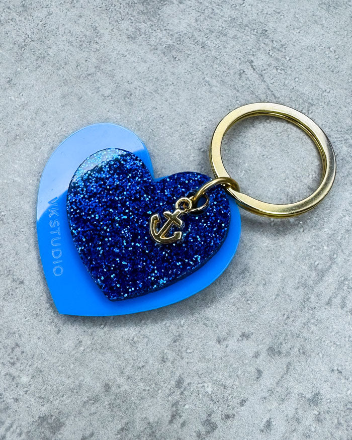 Schlüsselanhänger Herz mit Anker "Blau und Blau Glitzer"