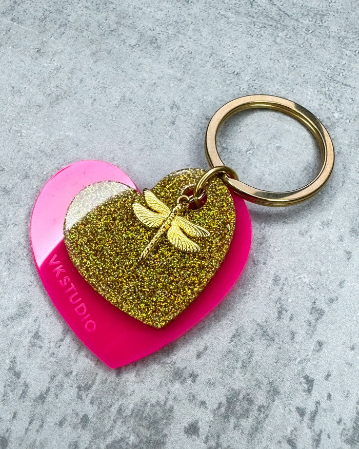 Schlüsselanhänger Herz mit Libelle "Pink und Gold Glitzer"