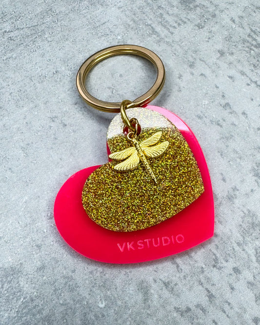 Schlüsselanhänger Herz mit Libelle "Pink und Gold Glitzer"