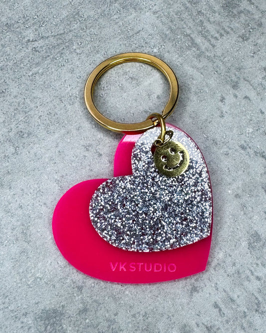 Schlüsselanhänger Herz mit Smiley "Pink und Silber Glitzer"