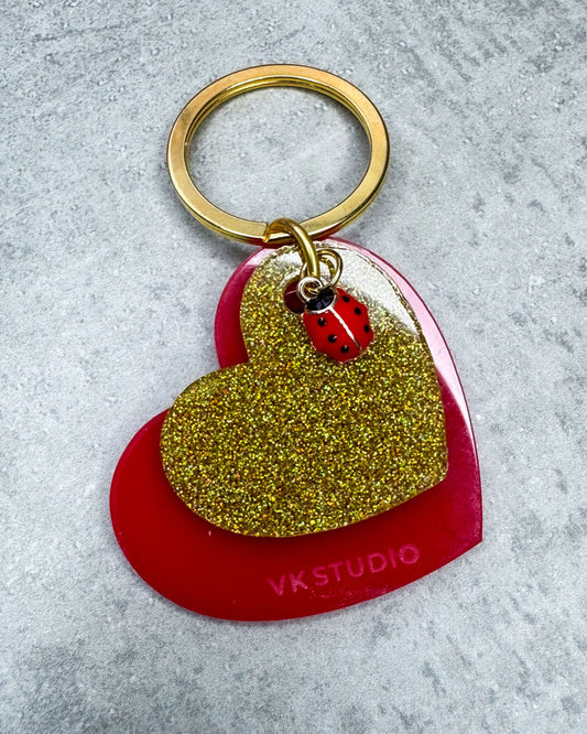Schlüsselanhänger Herz mit Marienkäfer "Rot und Gold Glitzer"