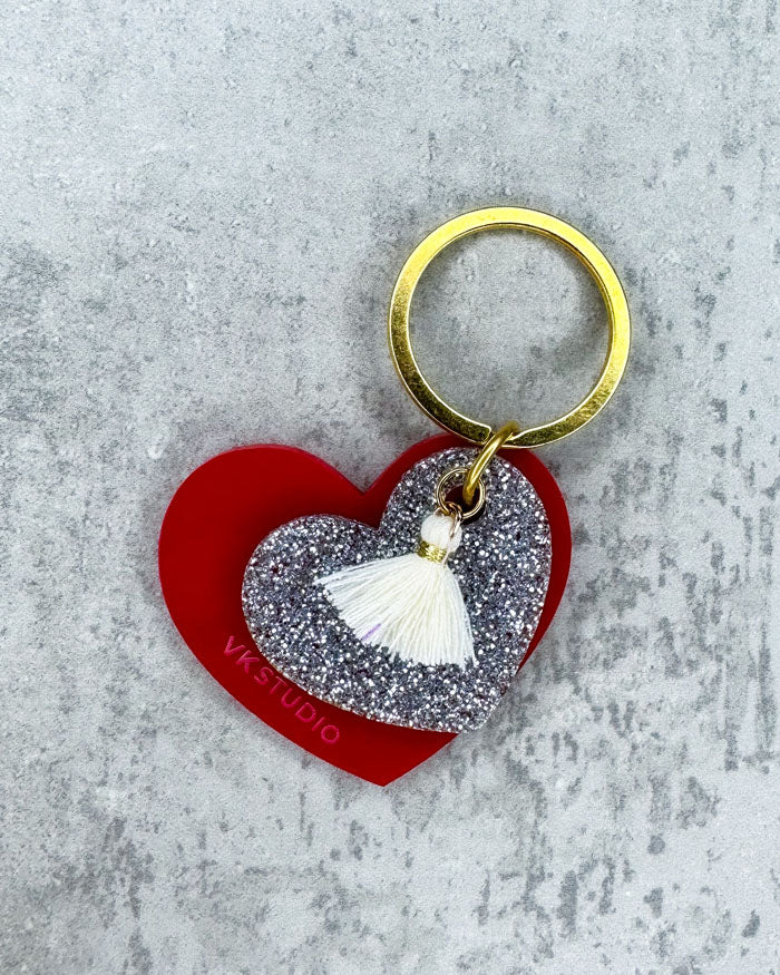 Schlüsselanhänger Herz mit Quaste "Rot und Silber Glitzer"