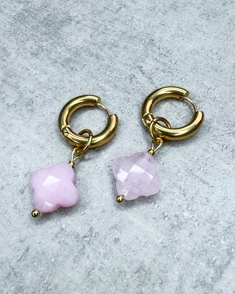 Rosenquarz-Creolen "Kleeblatt" - 1 Paar