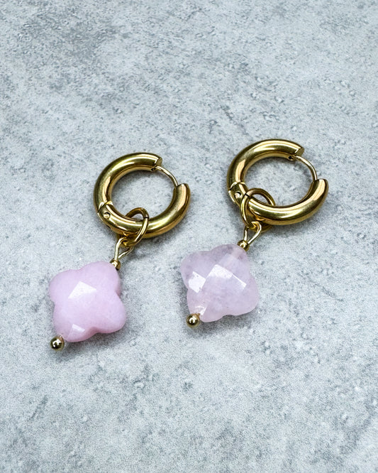 Rosenquarz-Creolen "Kleeblatt" - 1 Paar