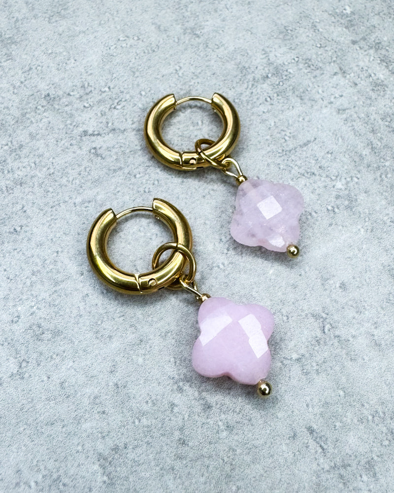 Rosenquarz-Creolen "Kleeblatt" - 1 Paar