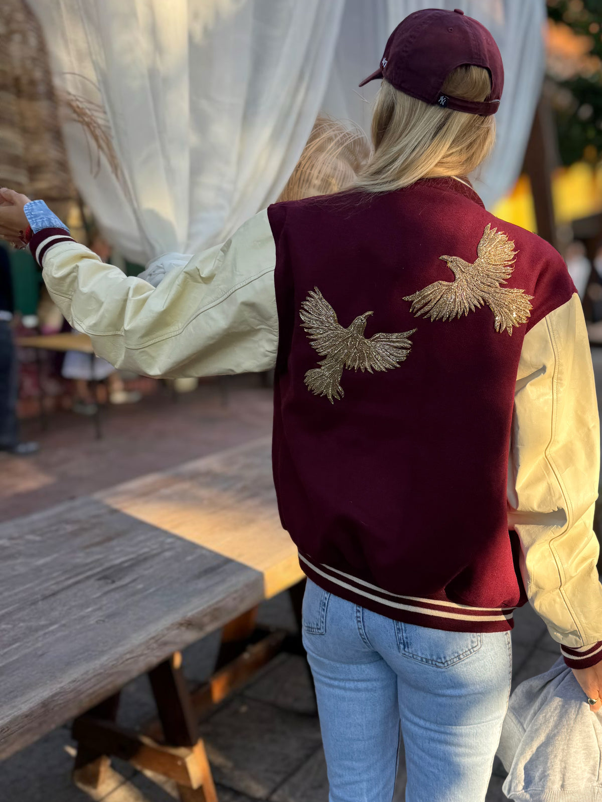 Varsity Jacket „Birds“ – Burgundy/Off-White