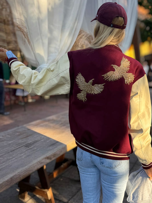 Varsity Jacket „Birds“ – Burgundy/Off-White