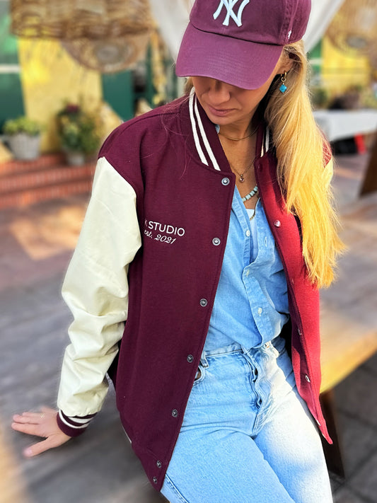 Varsity Jacket „Birds“ – Burgundy/Off-White