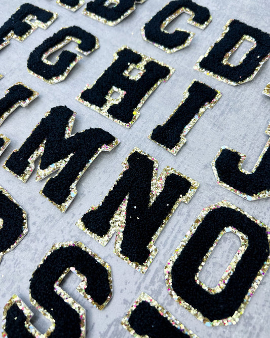 Glitzer-Buchstaben Aufnäher  – schwarz