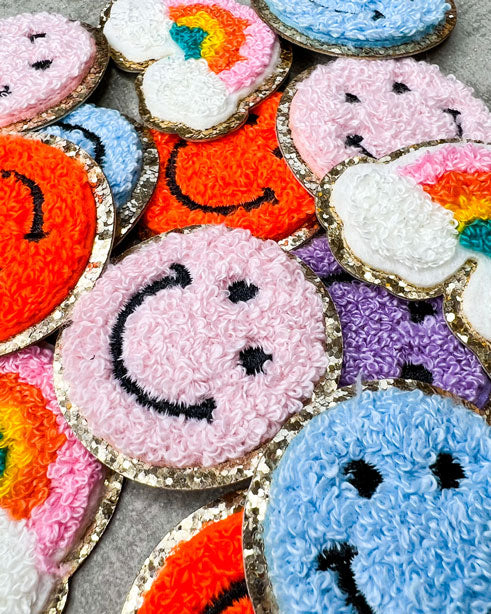 Glitzer Smileys und Regenbogen Aufnäher