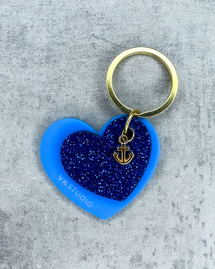 Schlüsselanhänger Herz mit Anker "Blau und Blau Glitzer"