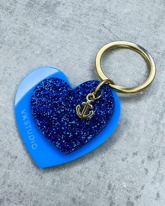 Schlüsselanhänger Herz mit Anker "Blau und Blau Glitzer"