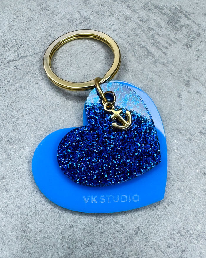 Schlüsselanhänger Herz mit Anker "Blau und Blau Glitzer"
