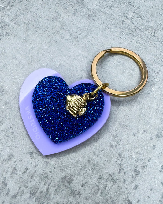 Schlüsselanhänger Herz mit Fisch "Lila und Blau Glitzer"