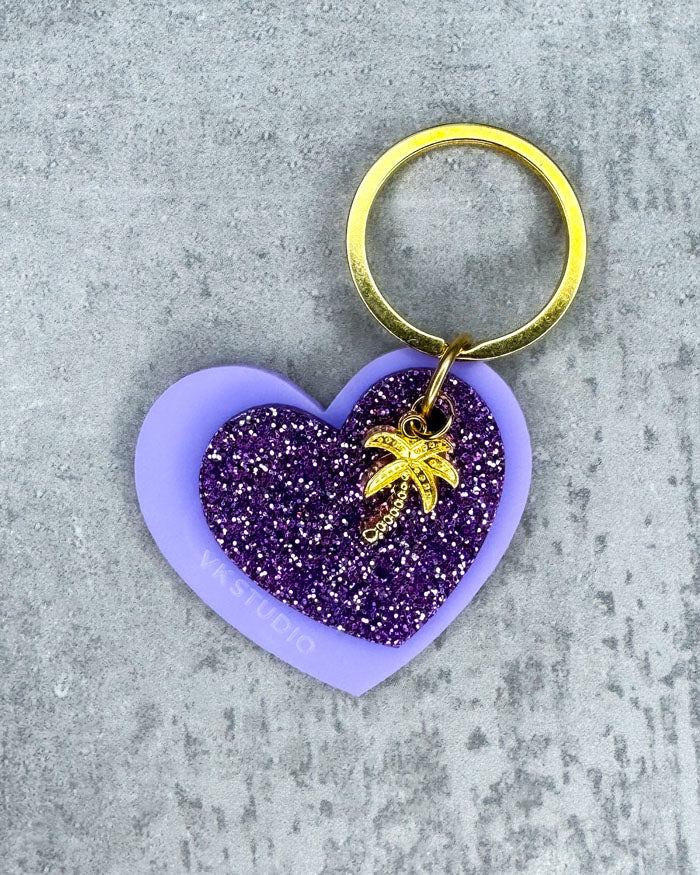 Schlüsselanhänger Herz mit Palme "Lila und Lila Glitzer"