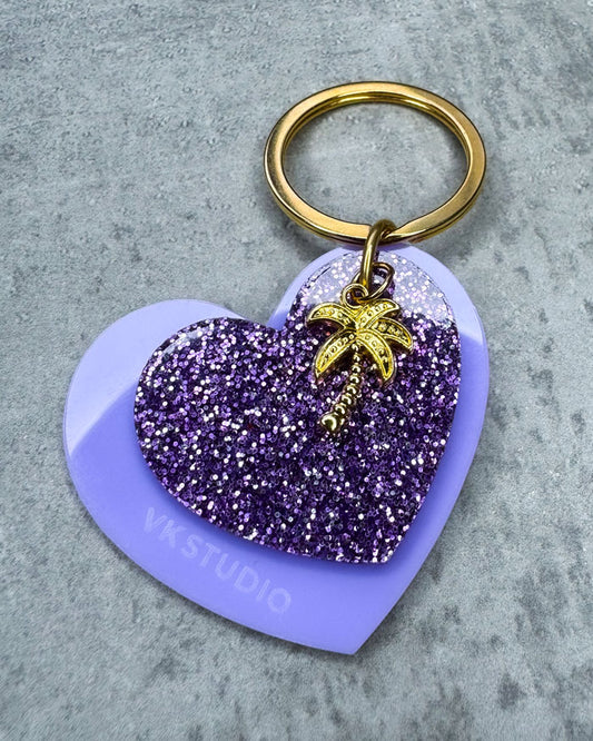 Schlüsselanhänger Herz mit Palme "Lila und Lila Glitzer"