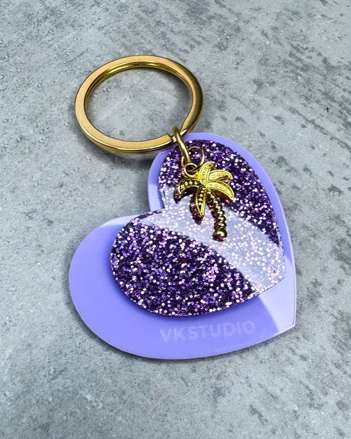 Schlüsselanhänger Herz mit Palme "Lila und Lila Glitzer"