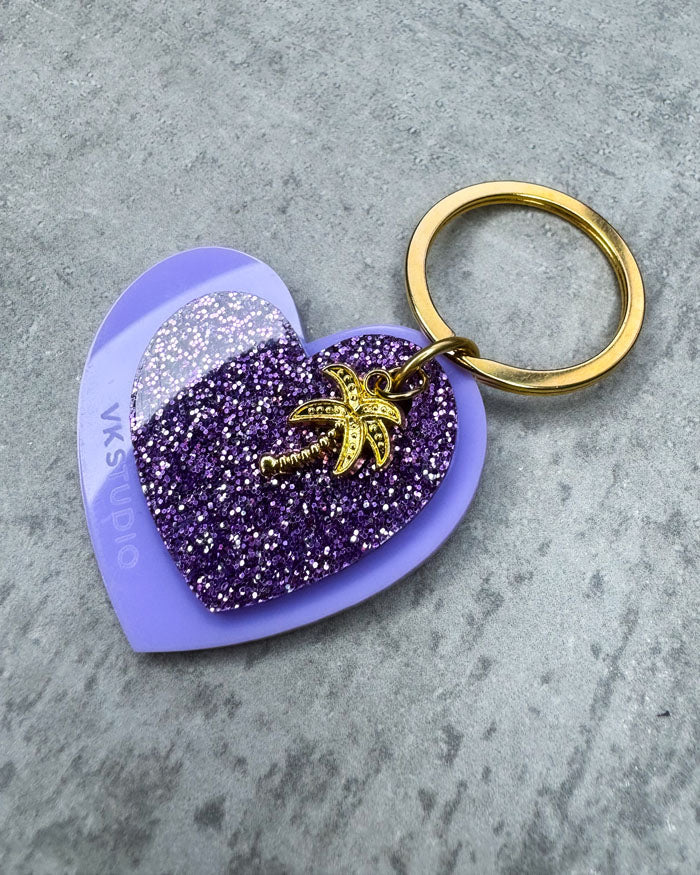 Schlüsselanhänger Herz mit Palme "Lila und Lila Glitzer"