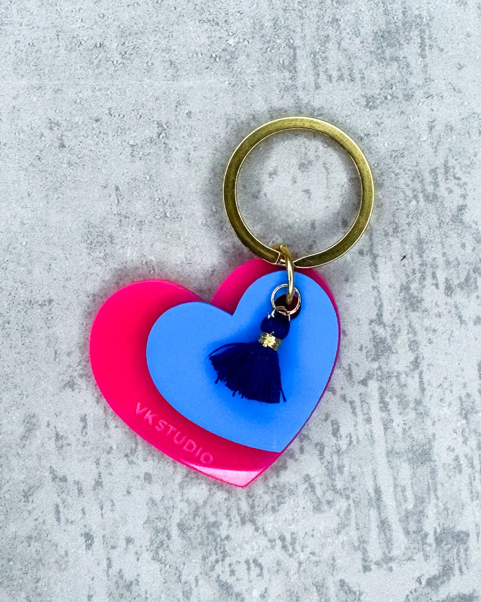 Schlüsselanhänger Herz mit Quaste "Pink und Blau"
