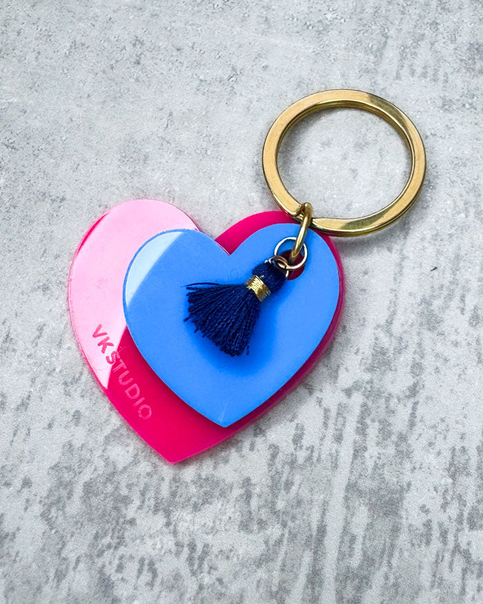 Schlüsselanhänger Herz mit Quaste "Pink und Blau"