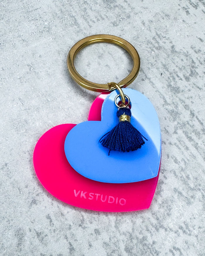 Schlüsselanhänger Herz mit Quaste "Pink und Blau"