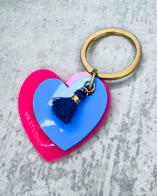Schlüsselanhänger Herz mit Quaste "Pink und Blau"