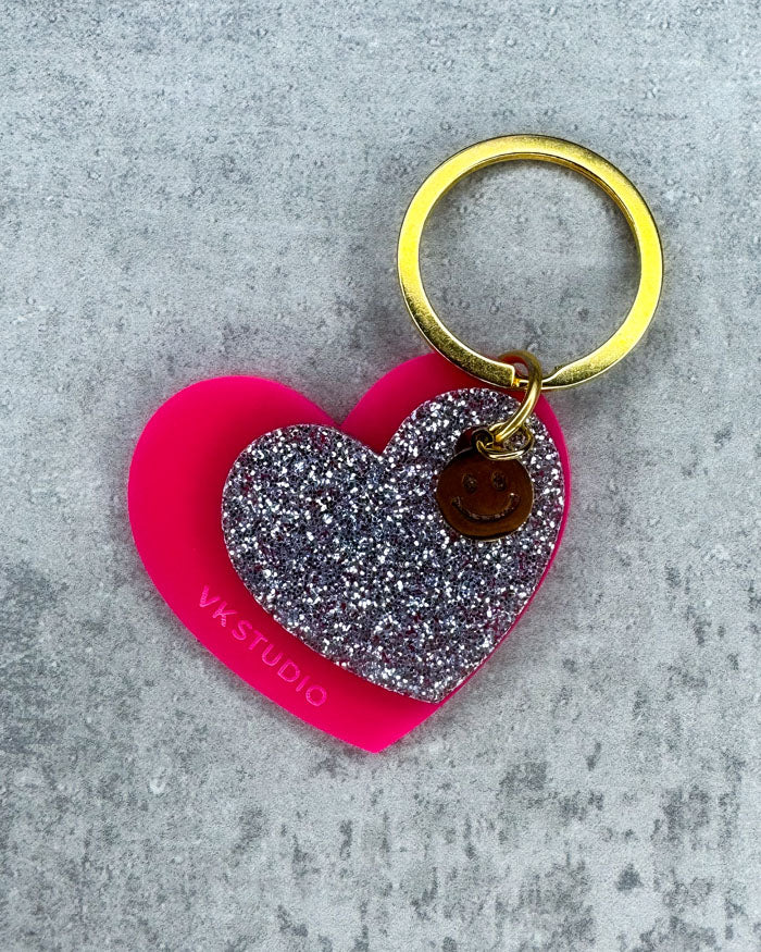Schlüsselanhänger Herz mit Smiley "Pink und Silber Glitzer"