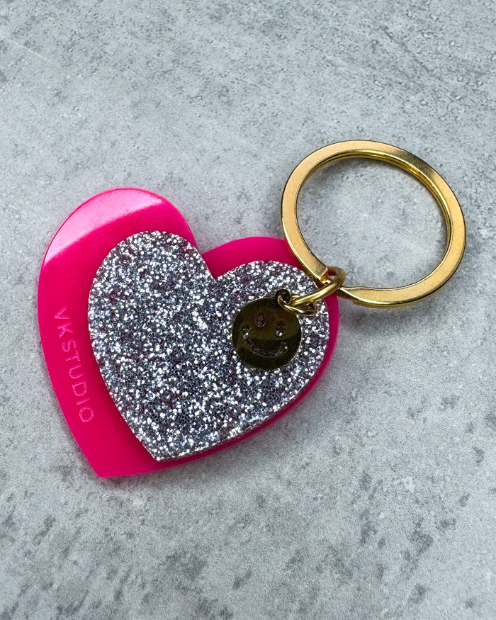 Schlüsselanhänger Herz mit Smiley "Pink und Silber Glitzer"