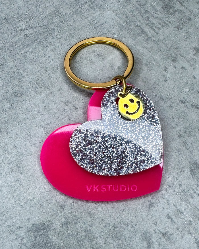 Schlüsselanhänger Herz mit Smiley "Pink und Silber Glitzer"