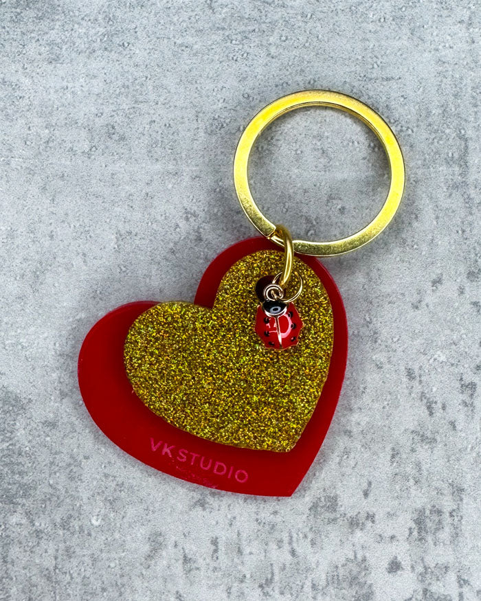 Schlüsselanhänger Herz mit Marienkäfer "Rot und Gold Glitzer"