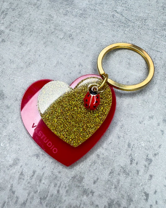 Schlüsselanhänger Herz mit Marienkäfer "Rot und Gold Glitzer"