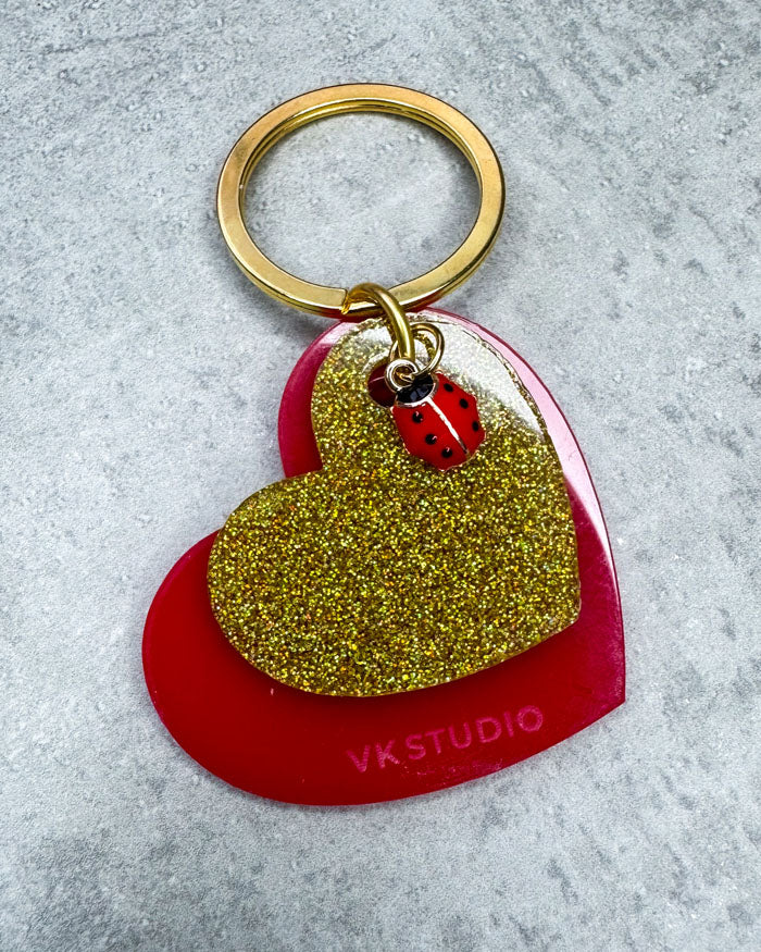 Schlüsselanhänger Herz mit Marienkäfer "Rot und Gold Glitzer"