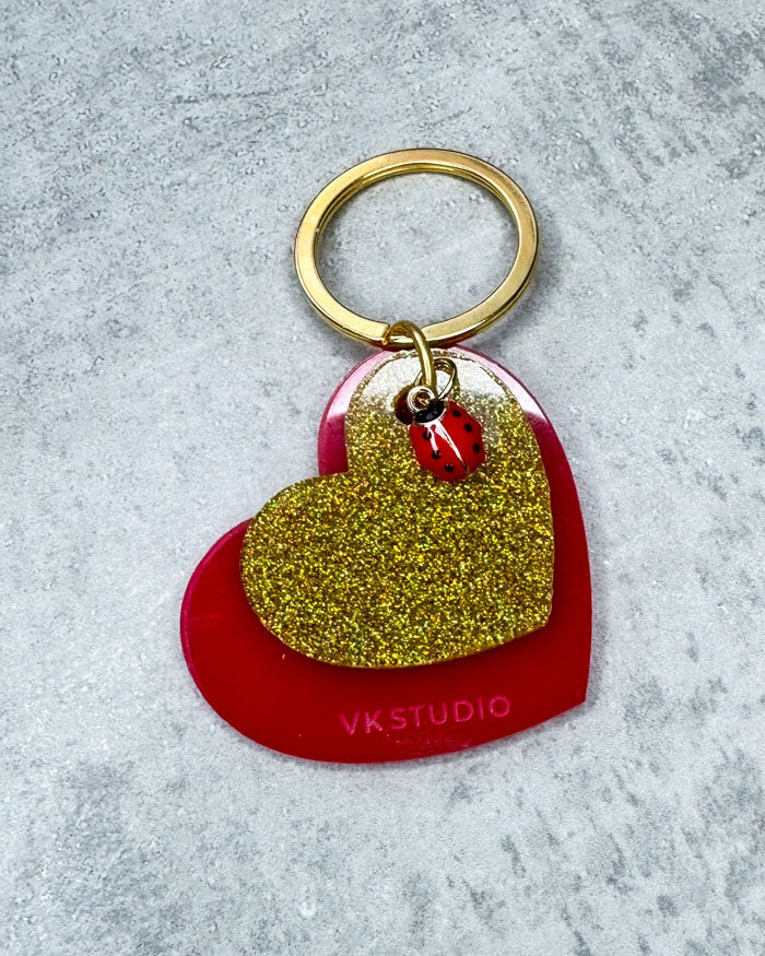 Schlüsselanhänger Herz mit Marienkäfer "Rot und Gold Glitzer"
