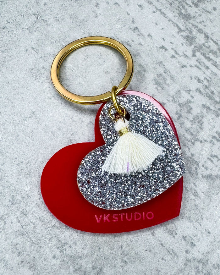 Schlüsselanhänger Herz mit Quaste "Rot und Silber Glitzer"