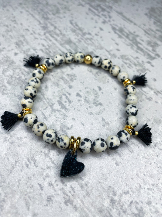 Healing Stone Bracelet, "Dalmatian Jasper & Heart Pendant”