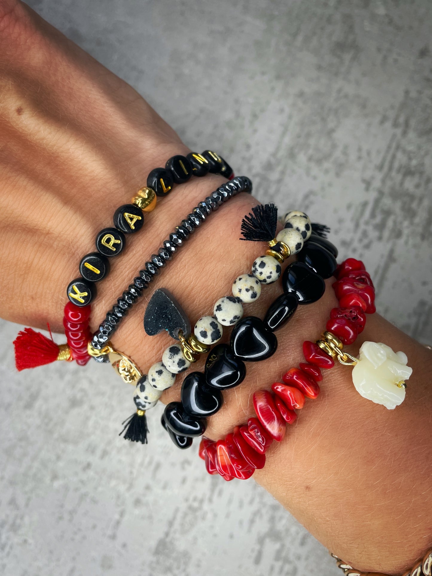 Healing Stone Bracelet, "Onyx Hearts”